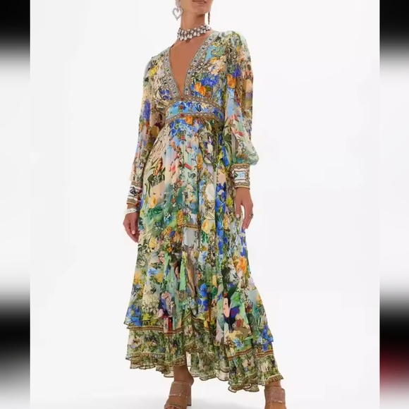 Dresses & Skirts - PrintingVCollar Long-Sleeved Bubble Sleeve Waist-TiedSummer New Women's Clothes